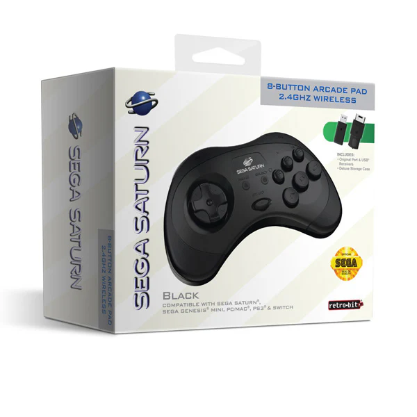 Sega Saturn Black 8-Button 2.4 Ghz Wireless Arcade Pad